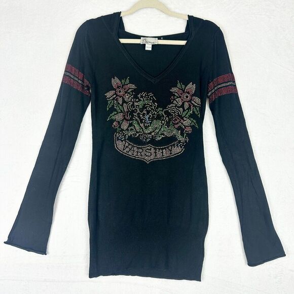 Vintage Ed Hardy Y2K Bling Rhinestone Hooded Shirt Size Small Angora Cashmere - Picture 1 of 6